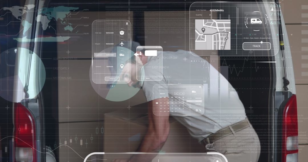 Digital Dashboard Overlays on Deliveryman with Packages