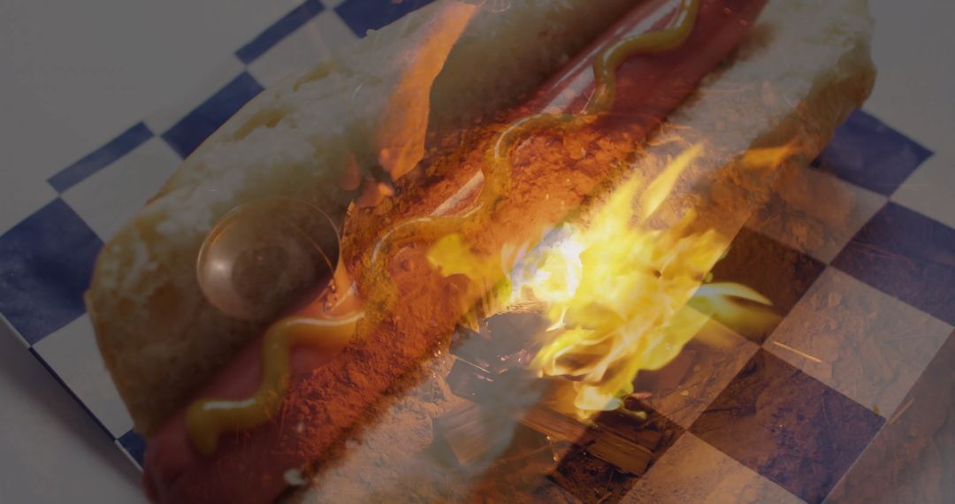 Hotdog with Vibrant Fire Element Touch on Checkered Table