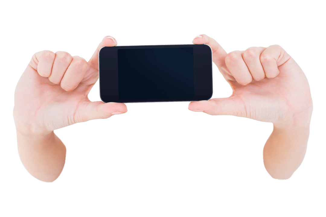 Hands Holding Smartphone Over Transparent Background Concept