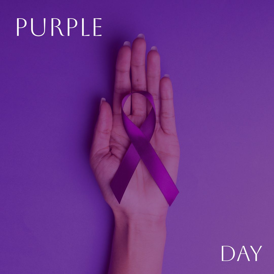 Composition of purple day text and purple ribbon in woman's hand on purple background - Download Free Stock Templates Pikwizard.com