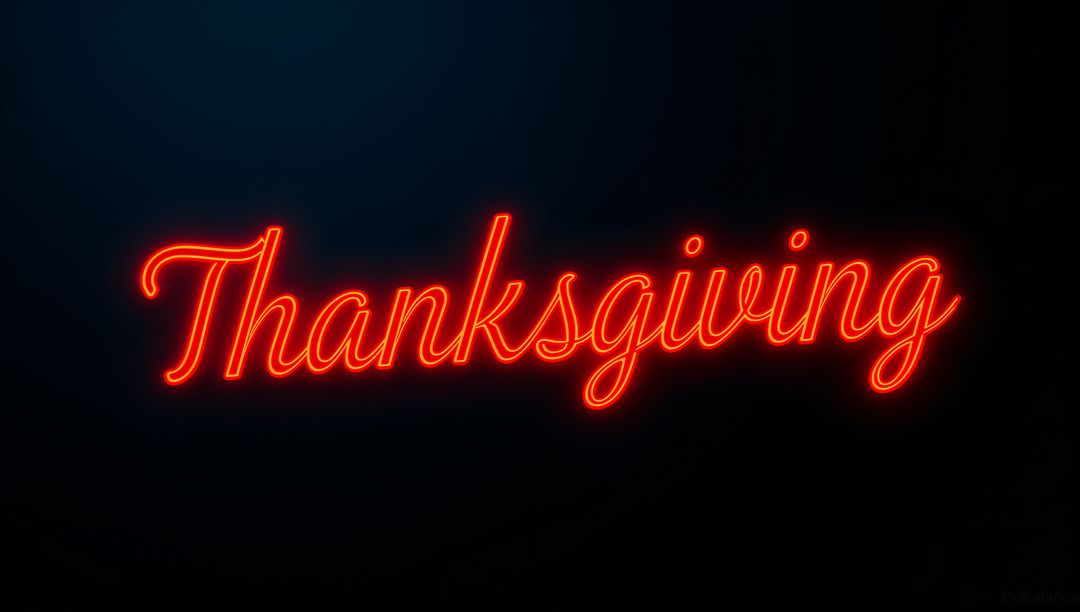 Glowing Thanksgiving Neon Sign on Dark Wall with Red-Orange Script Glow