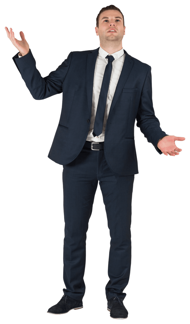 Caucasian Businessman in Formal Suit Gazing Upward on Transparent Background