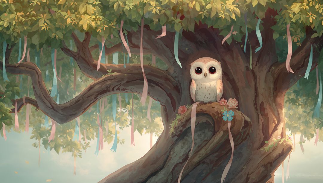 Round Owl Perching on Ancient Tree Branch with Pastel Ribbons in Enchanted Forest Glade