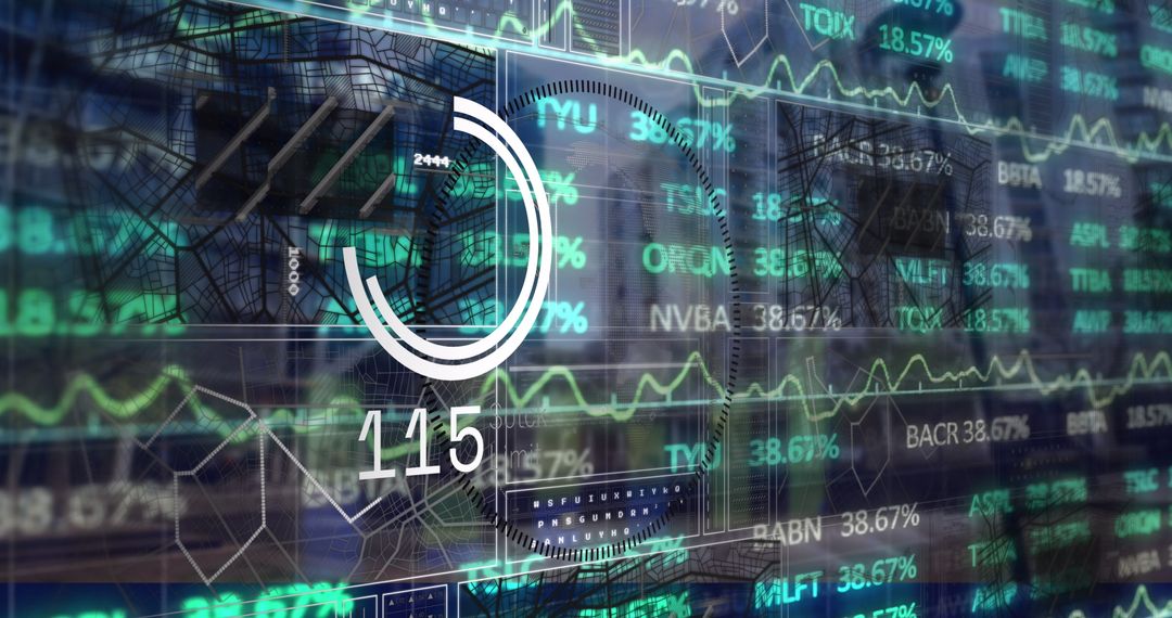 Futuristic analytics with graphs and interface in office environment