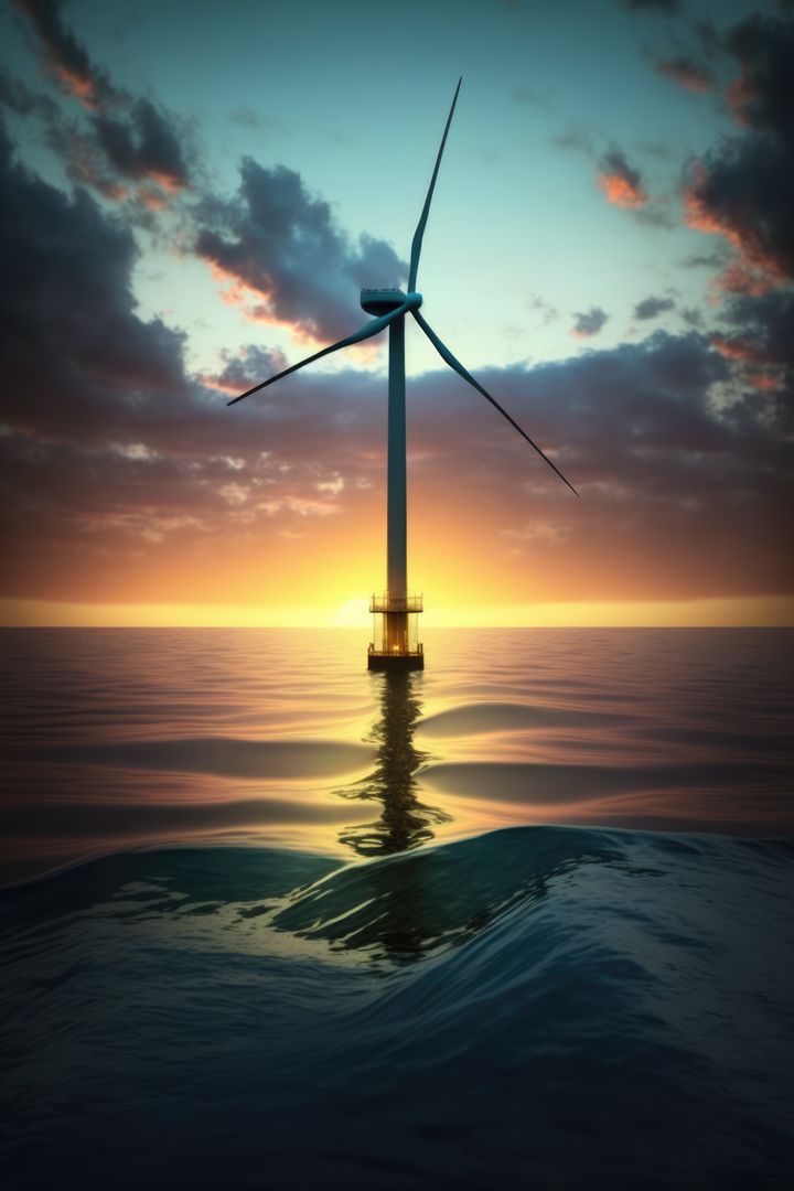 Offshore Wind Turbine at Sunset with Reflections in Water - Free Images, Stock Photos and Pictures on Pikwizard.com