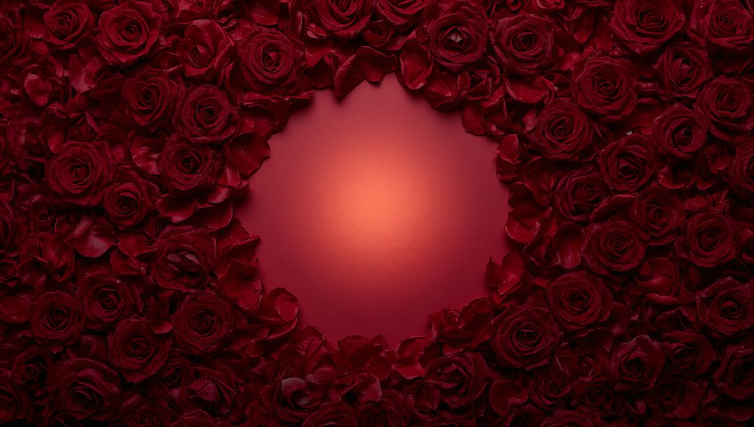 Framing Heart-shaped Negative Space with Deep Red Roses and Warm Glowing Center