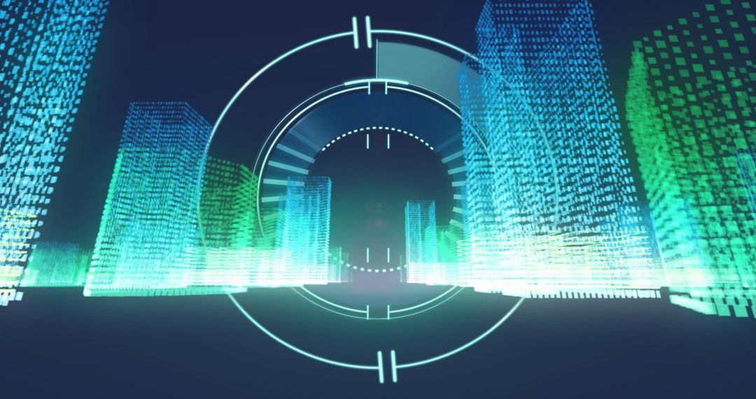 Futuristic View of Digital Data Processing Over Virtual Cityscape