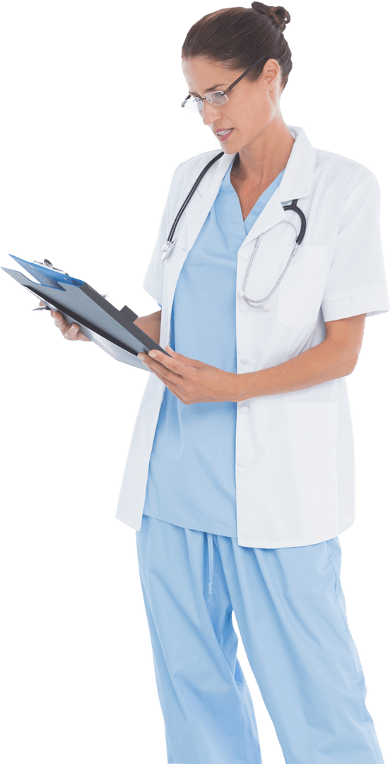 Transparent Doctor Reading Medical Report in Scrubs