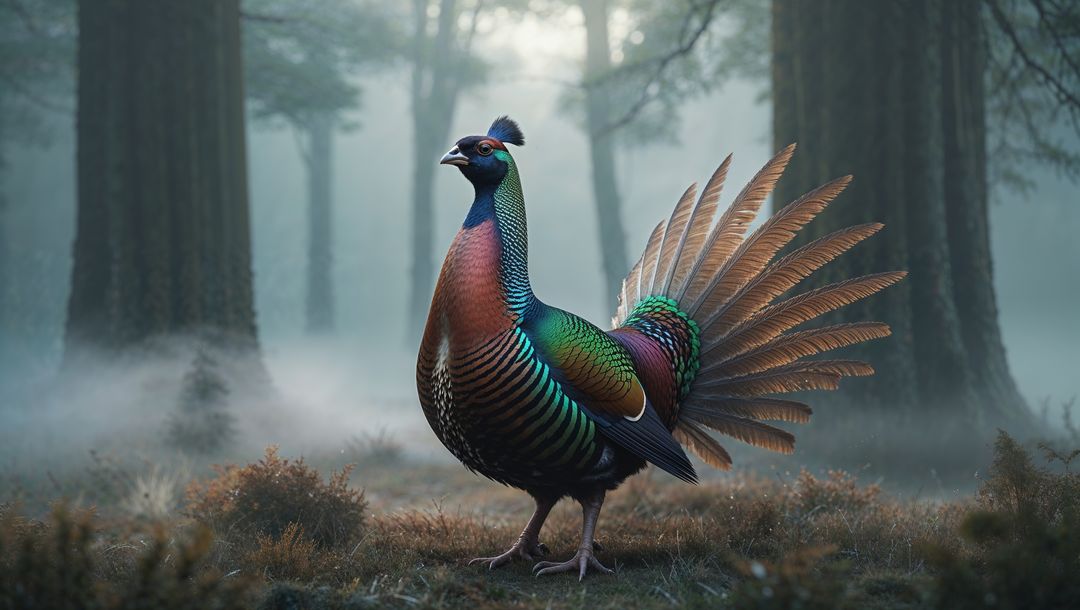 Colorful pheasant animal in foggy woodland displaying iridescent plumage