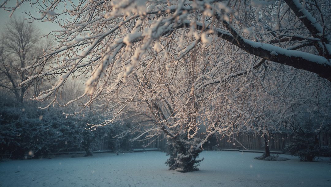 Snow-Laden Trees Encompass Serene Rural Backyard