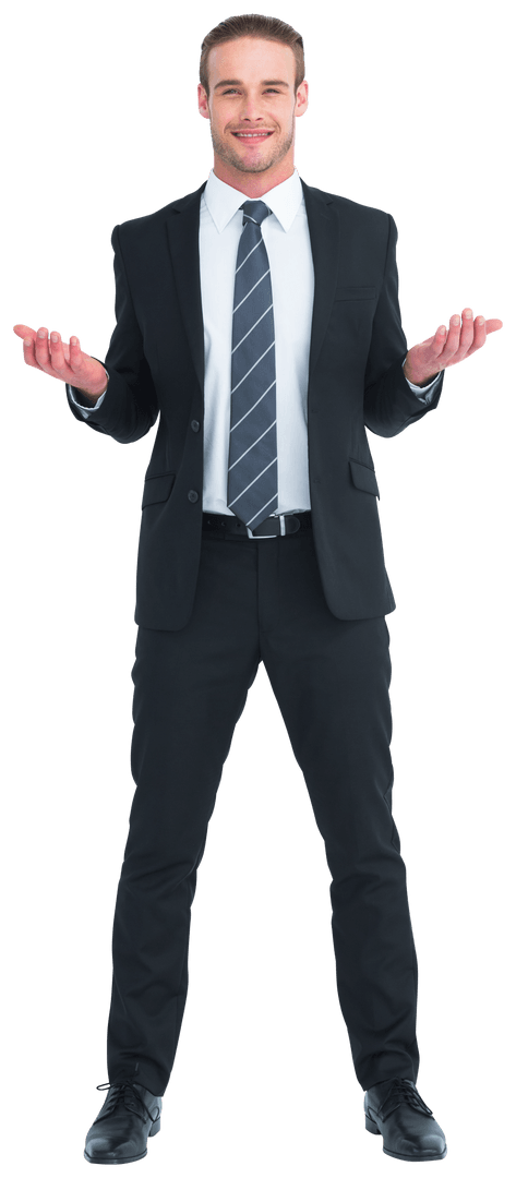 Confident Businessman in Suit Smiling with Open Hands