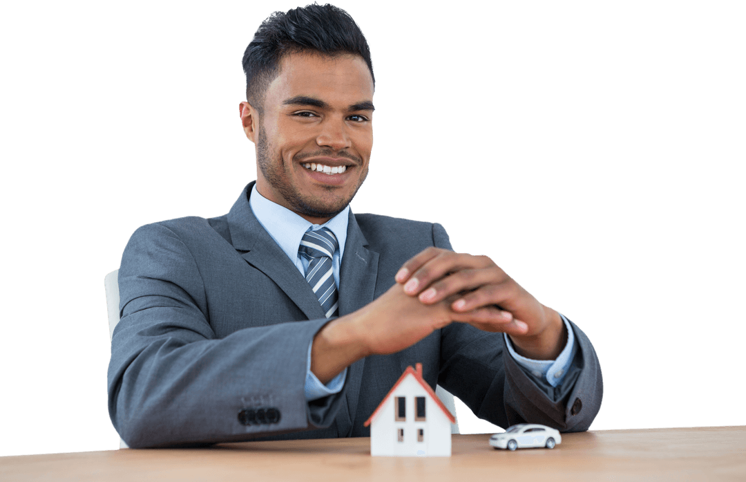 Transparent Smiling Estate Agent Protecting House Model