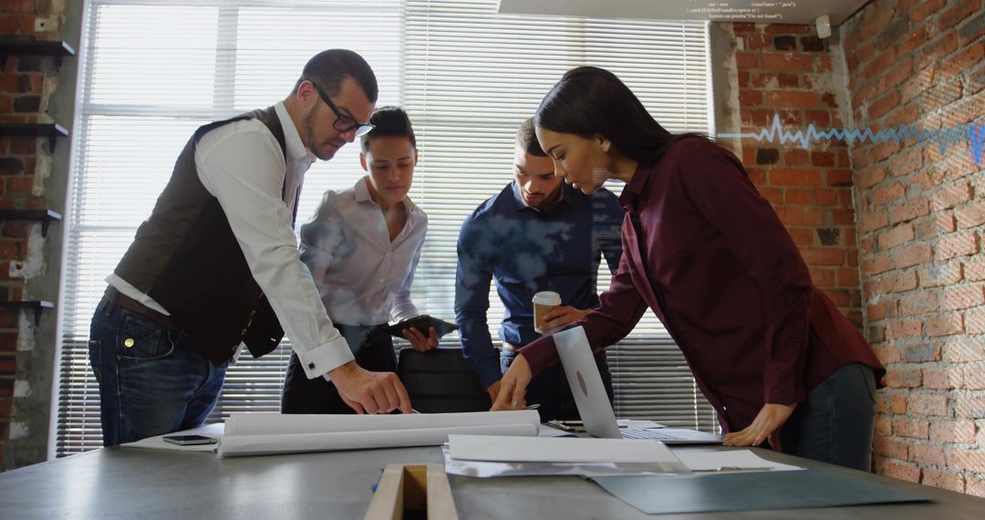 Collaborative Team Review Architectural Plans in Modern Loft Office
