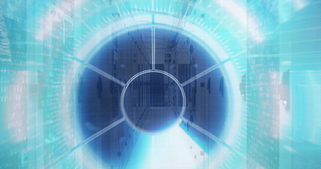 Glowing cyan HUD portal overlaying data center corridor with holographic ring interface