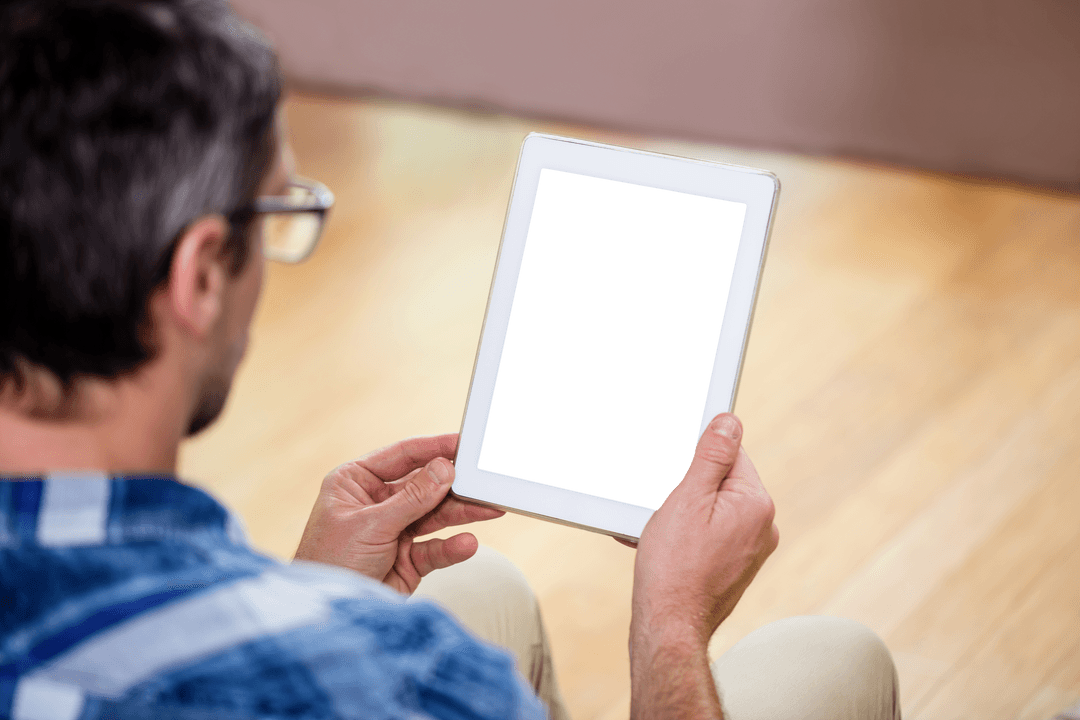 Rear View Man With Transparent Screen Digital Tablet