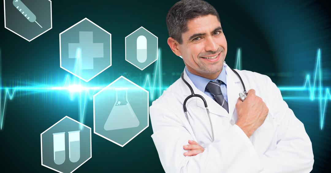 Confident Male Doctor with Medical Icons and Digital Background - Free Images, Stock Photos and Pictures on Pikwizard.com