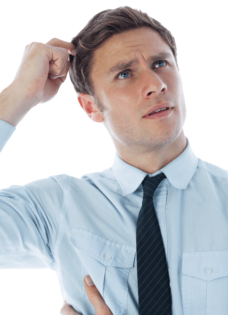 Transparent Confused Businessman Scratching Head in Office Wear
