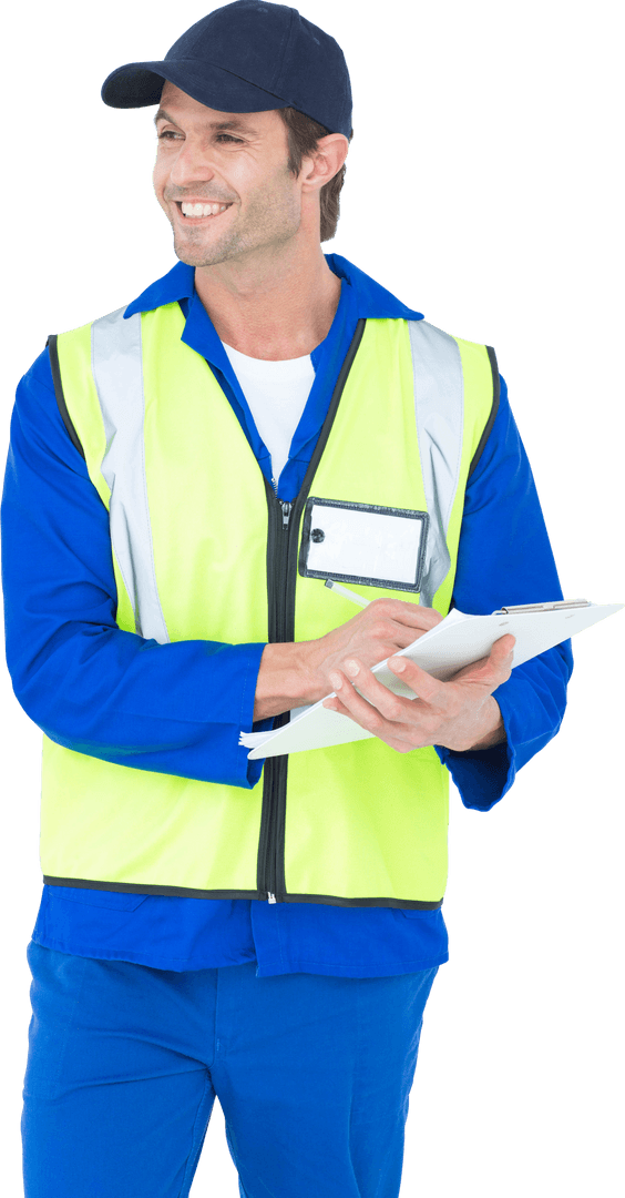 Transparent Happy Supervisor Writing Notes on Clipboard