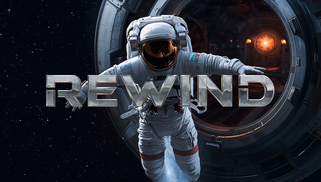 Astronaut Floating Outside Orbital Airlock with Metallic REWIND Logo and Starfield Backdrop
