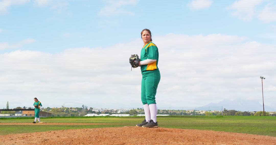 Female Softball Players in Green Uniforms on Pitcher's Mound