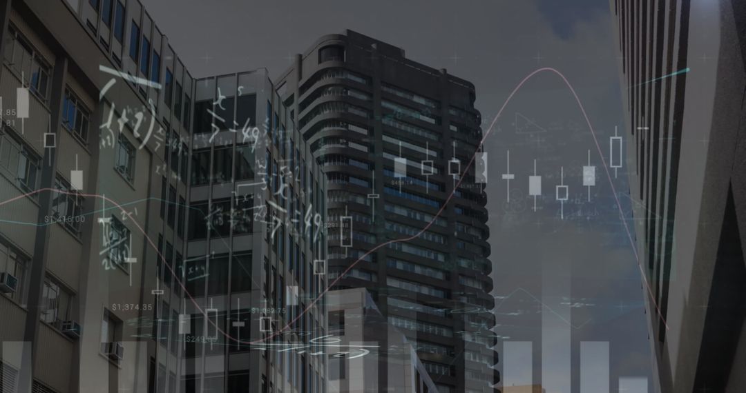 Urban Skyline Overlaid with Financial Graphs and Equations