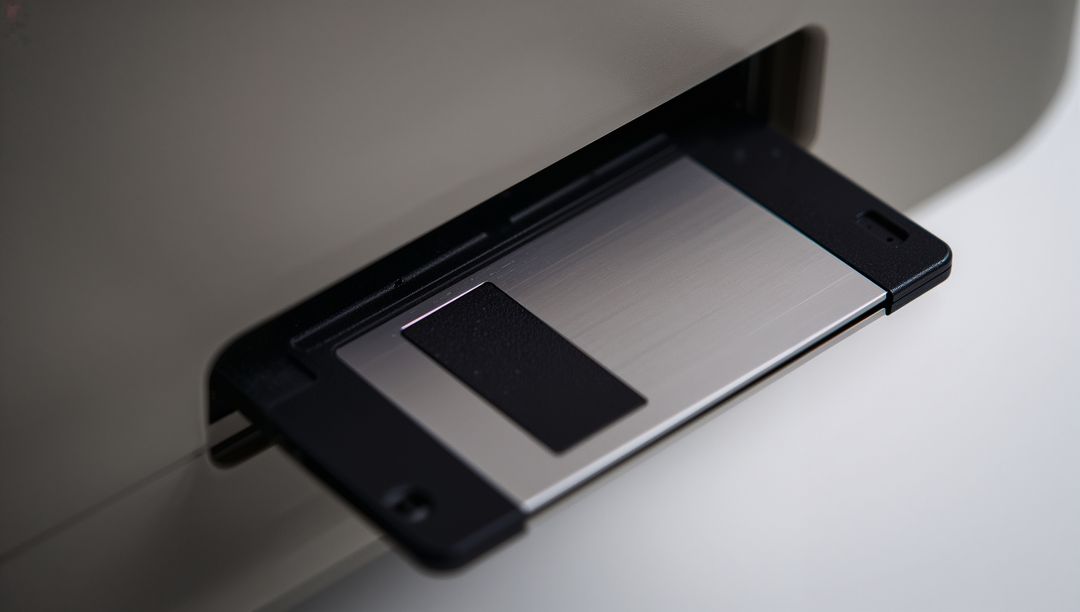 3.5-inch Floppy Disk Sliding into Drive Slot Closeup - Retro Computer Storage Detail