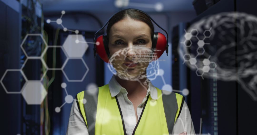 Engineer Analyzing Data Through Virtual Interface in Server Room