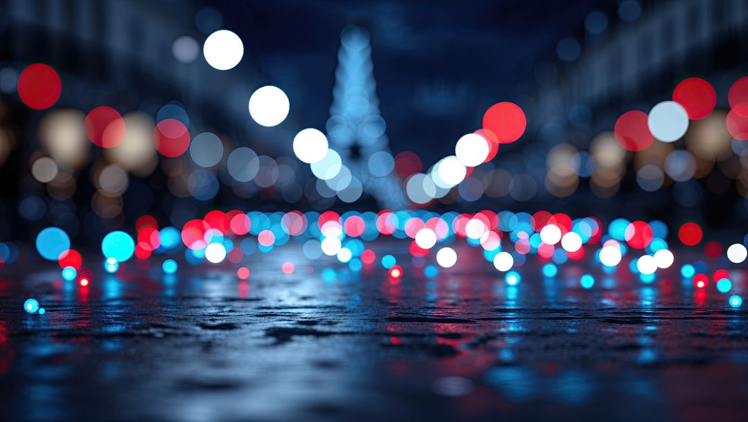 City Night Bokeh Lights on Wet Asphalt with Lit Tower
