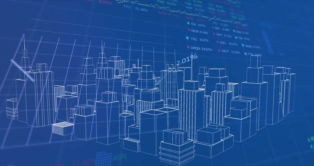 Futuristic Cityscape with Data Overlay: Digital Innovation and Blockchain