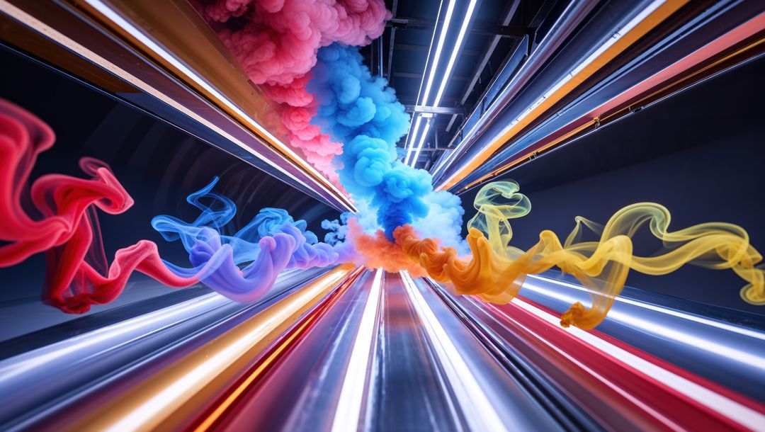 Multicolored smoke flowing in led-lit metallic corridor, streamline design