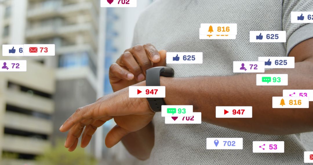 Engaged Man Interacting with Smartwatch in Urban Setting