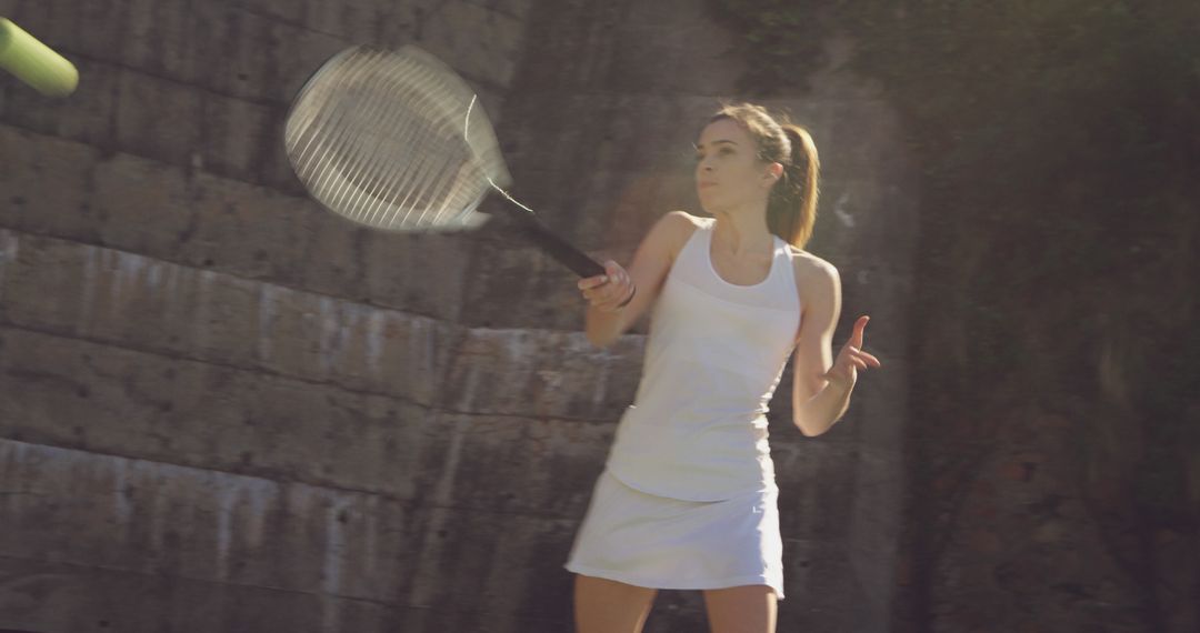 Focused Female Tennis Player Preparing to Hit Ball on Court - Free Images, Stock Photos and Pictures on Pikwizard.com