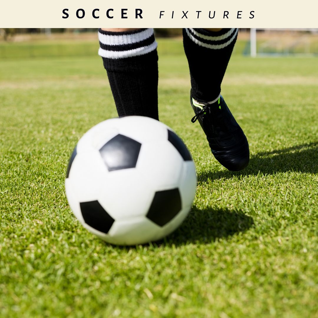 Composition of soccer fixtures text with legs of caucasian football player with football on pitch - Download Free Stock Templates Pikwizard.com