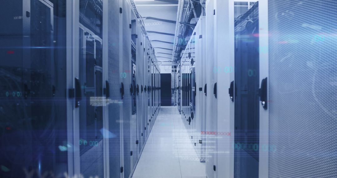 Modern Data Center with Server Racks and Digital Overlay
