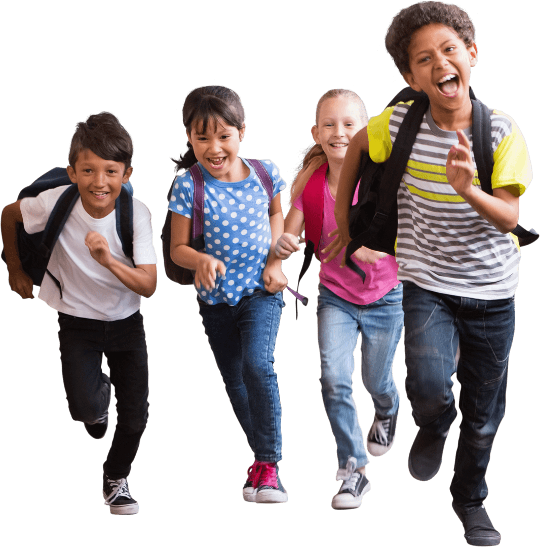 Joyful Group of Diverse Kids Running with Backpacks Transparent
