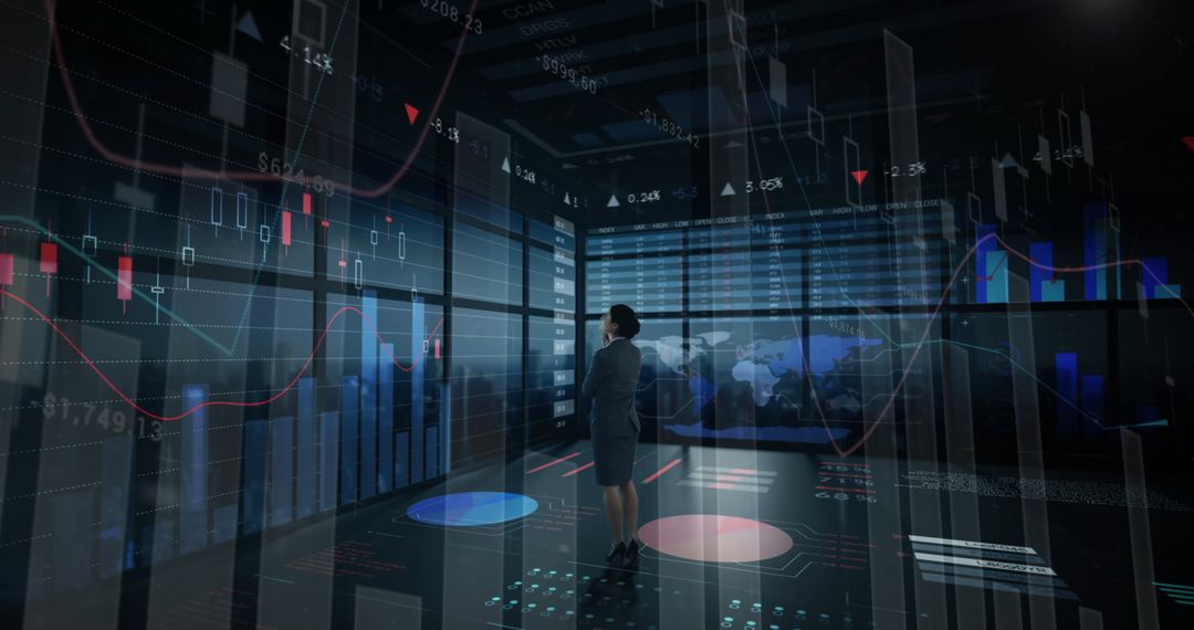 Businesswoman Analyzing Digital Financial Data in High-Tech Office