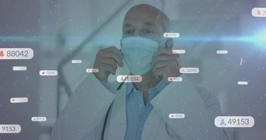 Senior Doctor in Hospital Adjusting Surgical Mask with Digital Interface