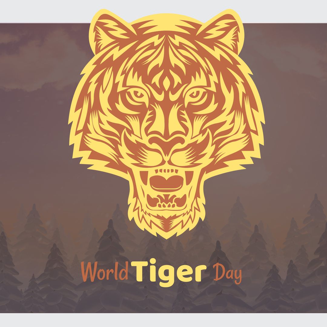 World Tiger Day Graphic with Bold Tiger Emblem and Purple Background
