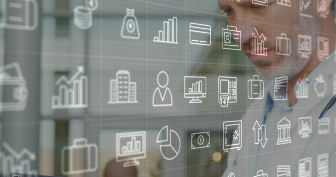 Executive Analyzing Floating Financial Icons in Office Environment