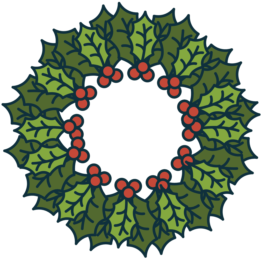 Traditional Green Christmas Wreath with Holly on Transparent Background