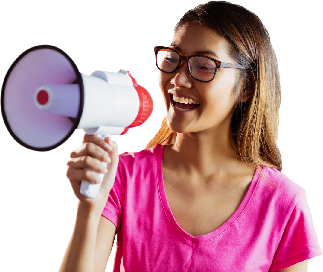 Asian Woman Shouting in Transparent Megaphone on White Background - Download Free Stock Images Pikwizard.com