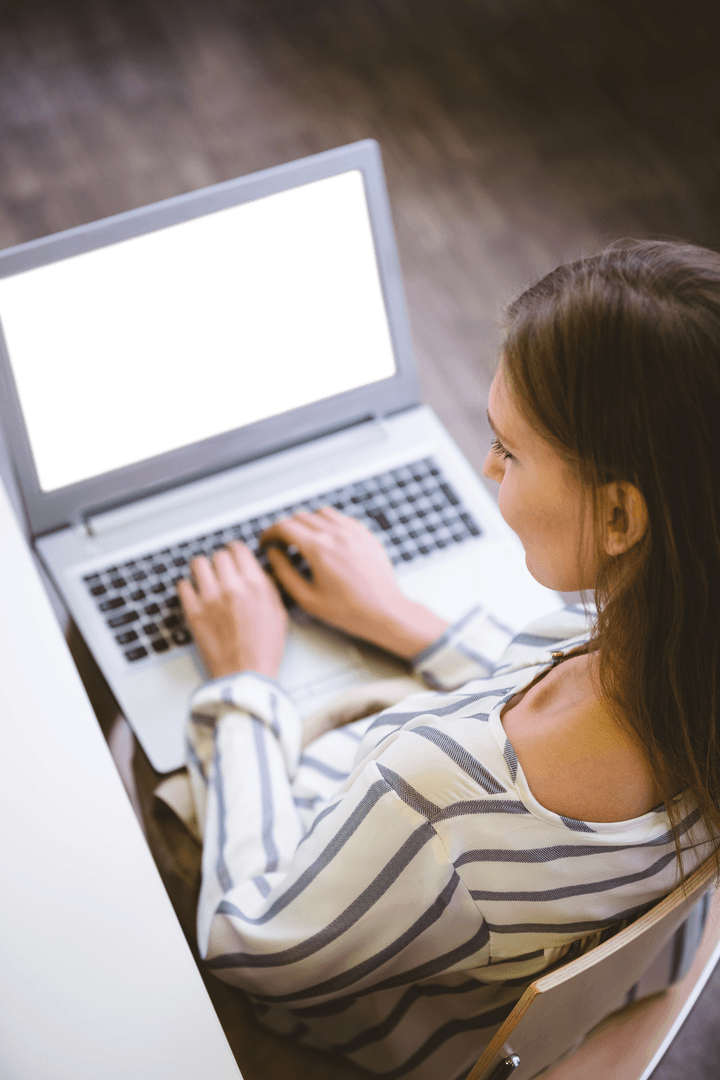 Transparent Laptop Screen Woman in Office Setting