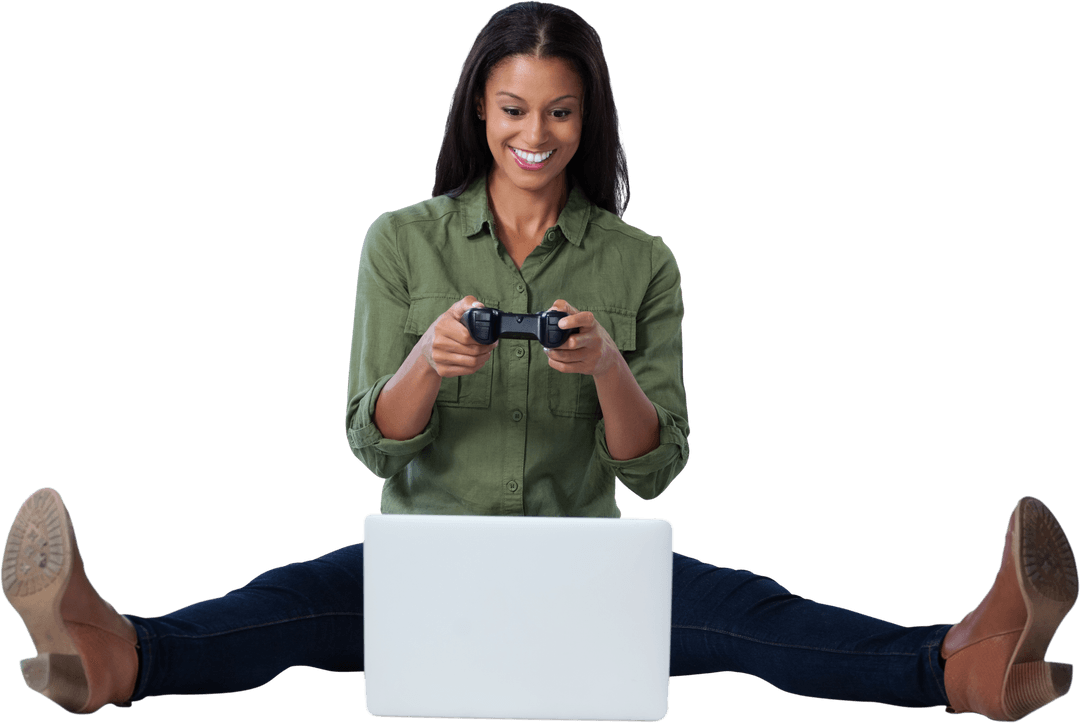 Smiling Woman Playing Video Game on Laptop Isolated on Transparent Background
