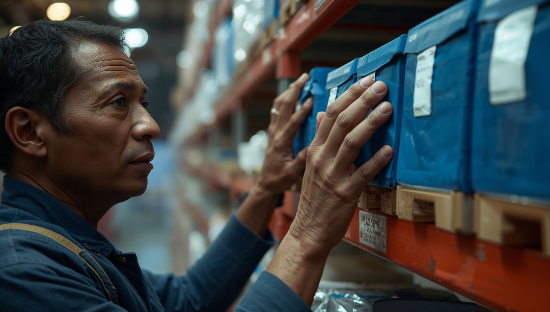 Warehouse Worker Checking Inventory on Shelves for Organization