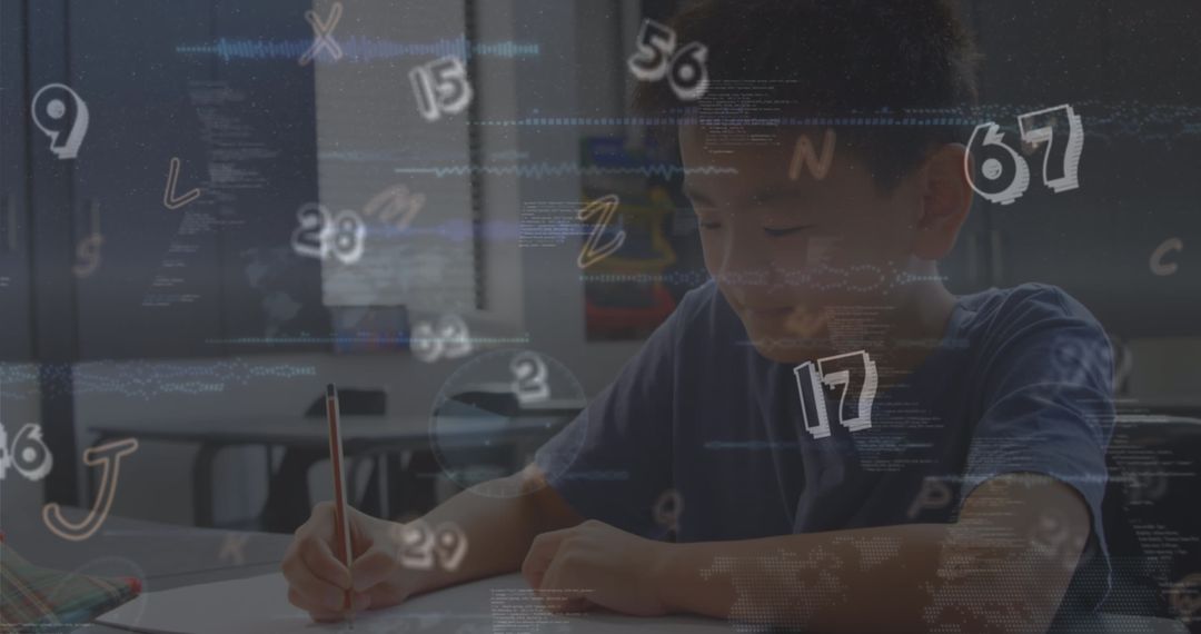 Young Boy Studying Amidst Alphabet and Numbers in Classroom