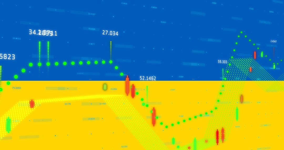 Financial data overlaid on ukrainian flag symbolizes economic impact