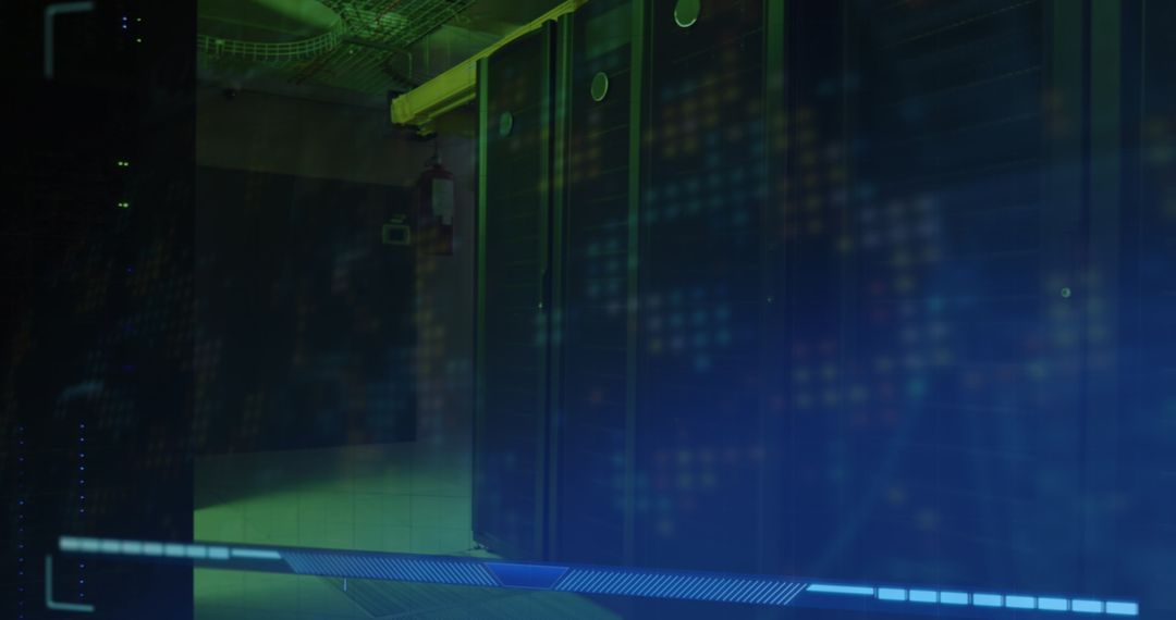 Futuristic digital data processing center with server racks