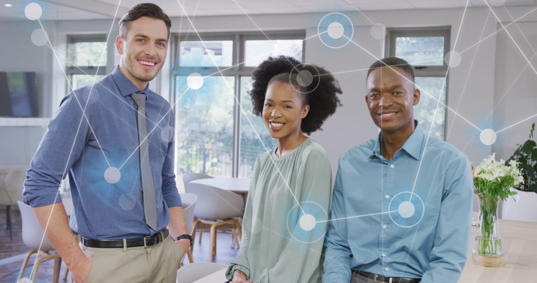 Diverse Business Team with Digital Network Overlays in Modern Office