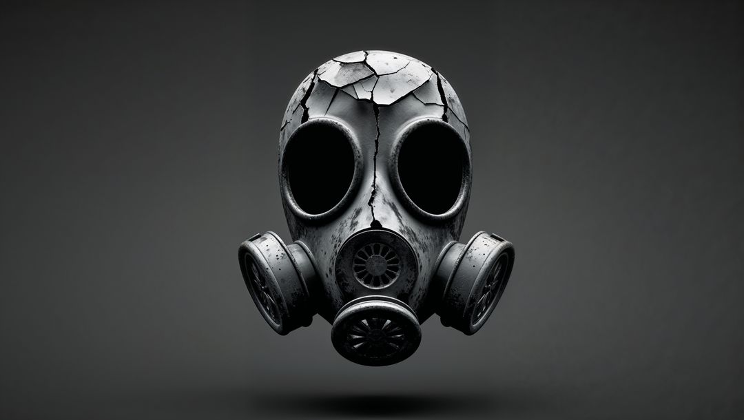 Apocalyptic cracked floating gas mask in dark futuristic background