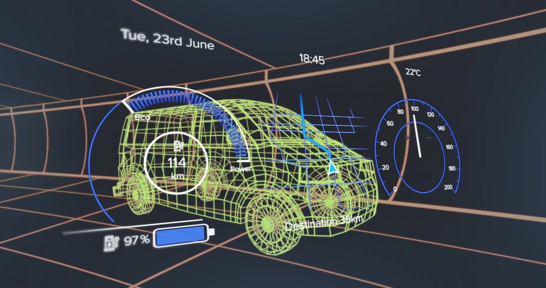 Futuristic Electric Van Display with Speedometer and Energy Metadata